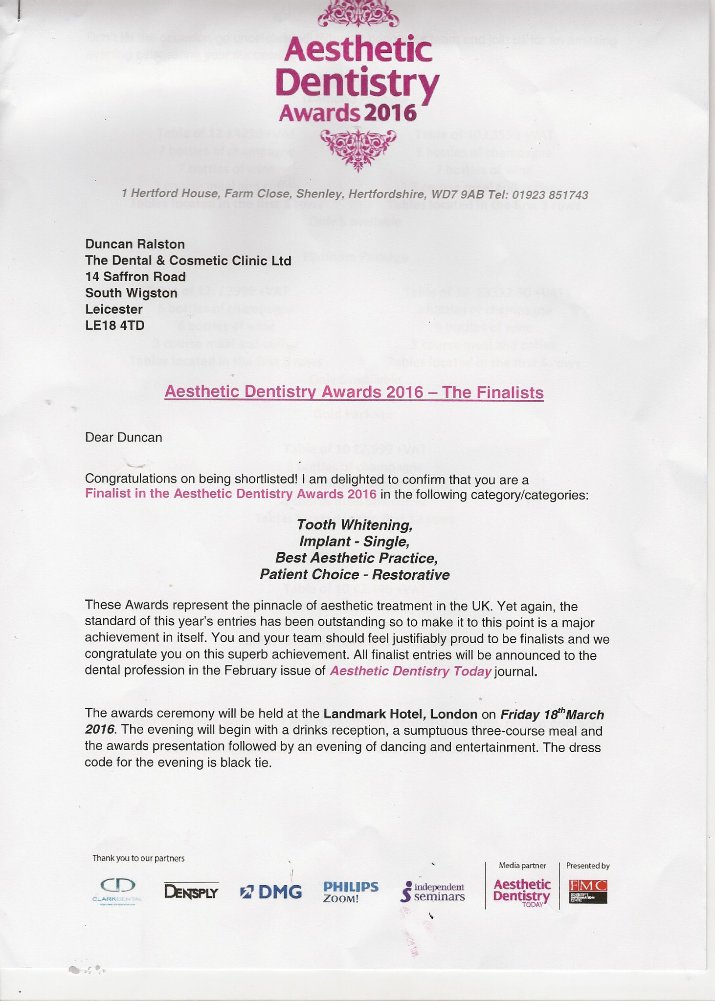 Aesthetic Dentisrty Awards Finalist 2016 Dentist Wigston